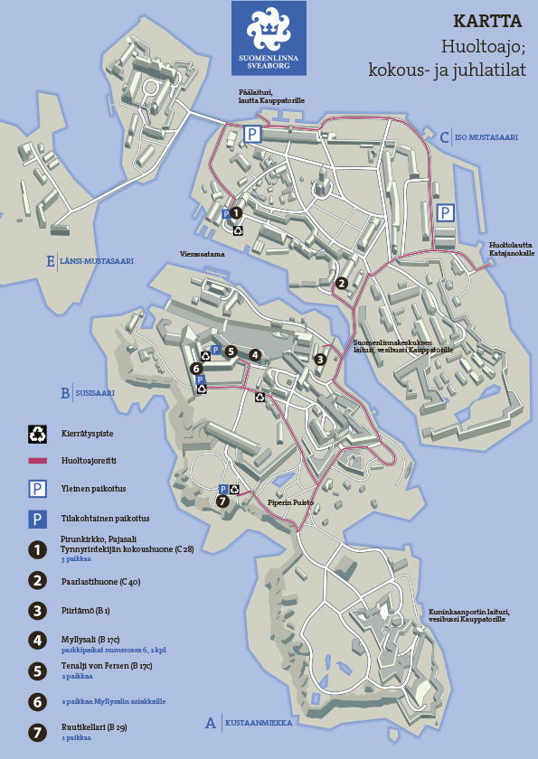 Suomenlinnan huoltoajokartta, jossa näkyy Suomenlinnan tapahtumatilojen ja niiden paikoitusalueen sijainti sekä huoltoajoreitti tiloihin.