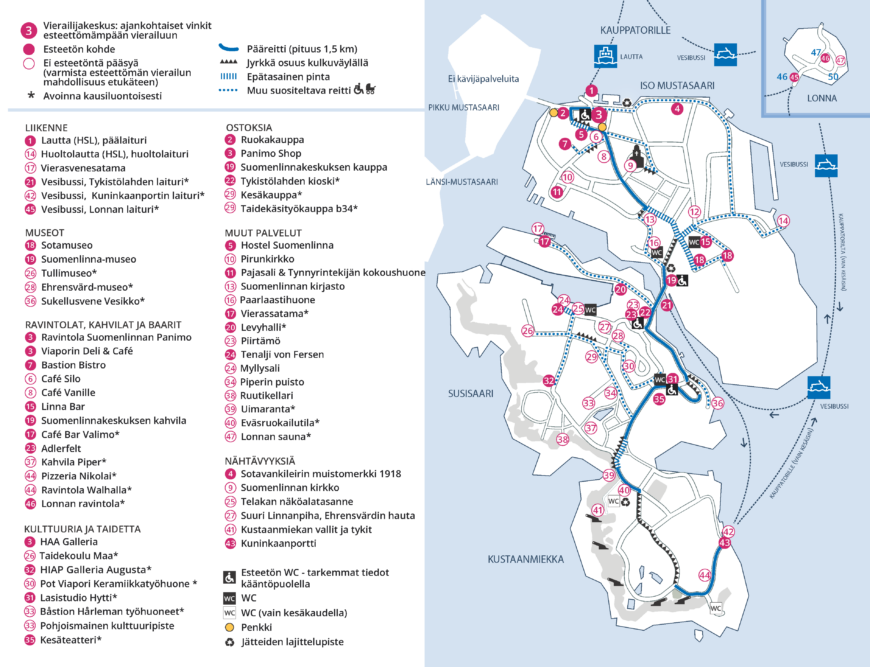 Kartassa kuvataan Suomenlinnan esteettömämpiä reittivaihtoehtoja ja palveluiden saavutettavuus